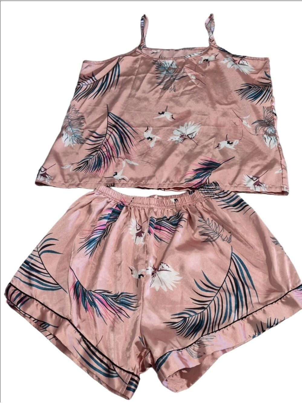 Pink Tropical Floral Satin Cami & Shorts Pajama Set - Large